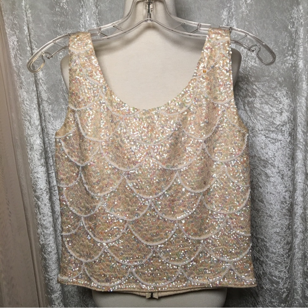 Jo-Ro Imports Beaded Cream wool Tank Top. Zip Back Vintage  Size Small  1960s